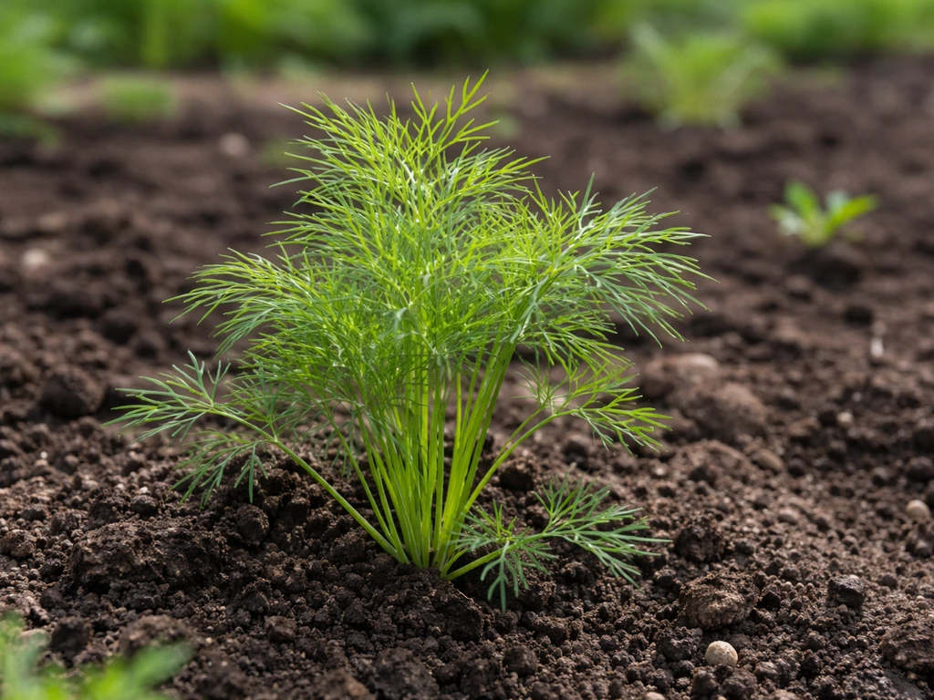 Close-up van dilleplant met fijne bladeren in een Nederlandse moestuinbedding, met onscherpe achtergrond.