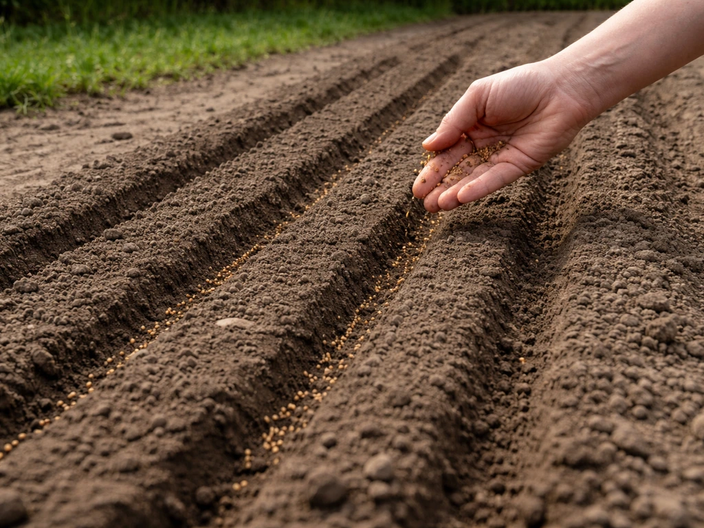Vollegrond zaaibed met ondiepe rijtjes waar dillezaadjes direct ter plaatse worden ingelegd en afgedekt.
