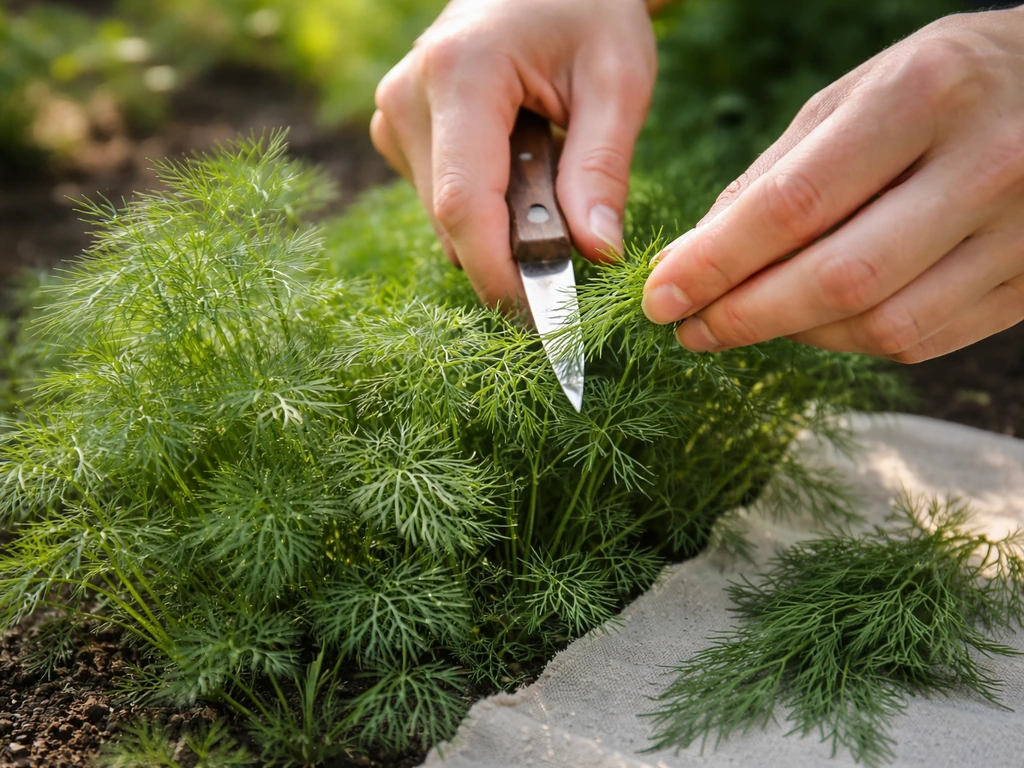 Handen plukken jonge dillebladtoppen met een klein mesje, verse kruiden op een keukentuin-achtergrond.