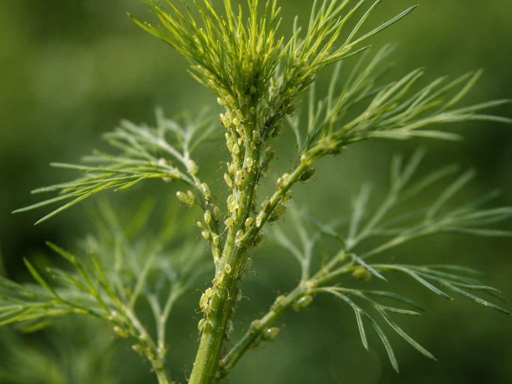 Groene bladluizen op jonge dillebladtoppen, met licht plakkerige aanslag op stengels, macro-opname.