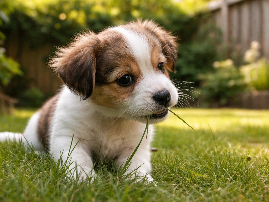 Pup kauwt voorzichtig op gras in een Nederlandse tuin, natuurlijke houding en alert gedrag.