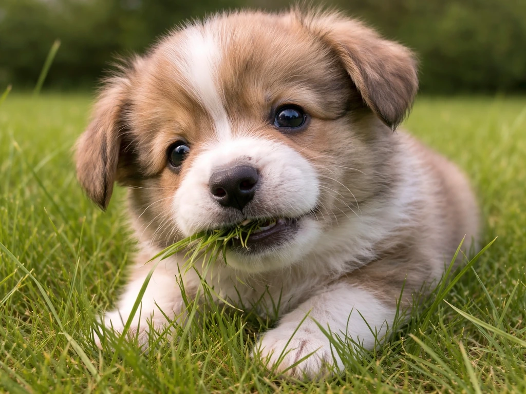 Close-up van een pup die kort gras afbijt en kauwt op een groen grasveld