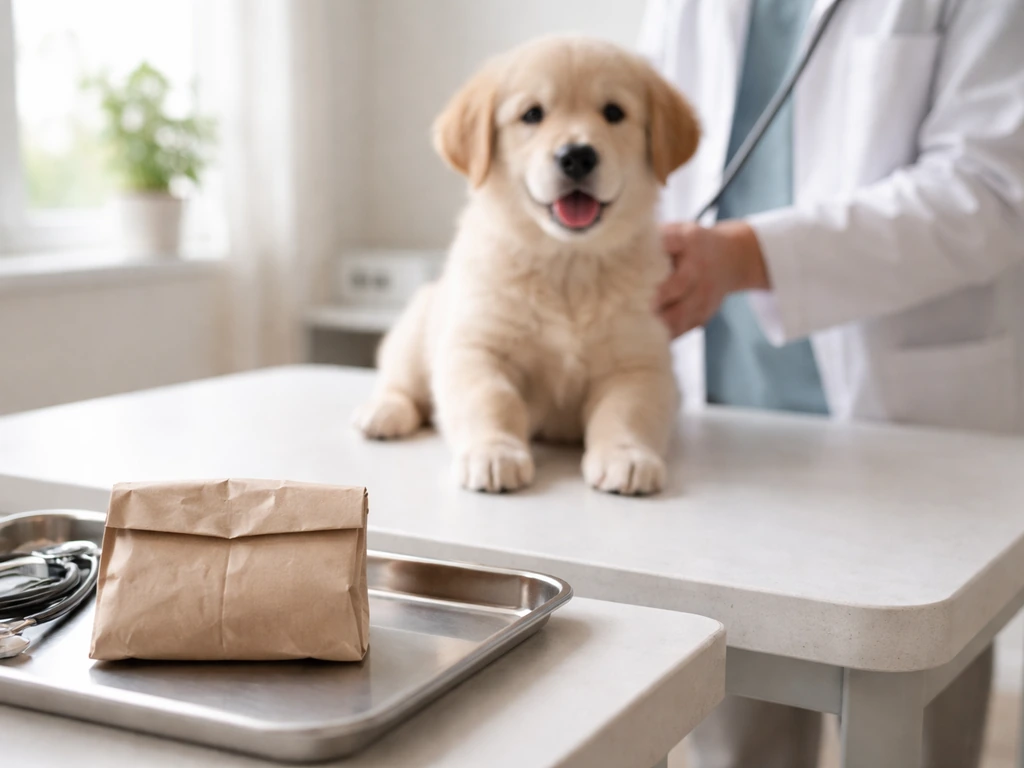 Dierenartscontrole in praktijk: dierenarts met pup en een papieren ontlastingszakje om mee te nemen