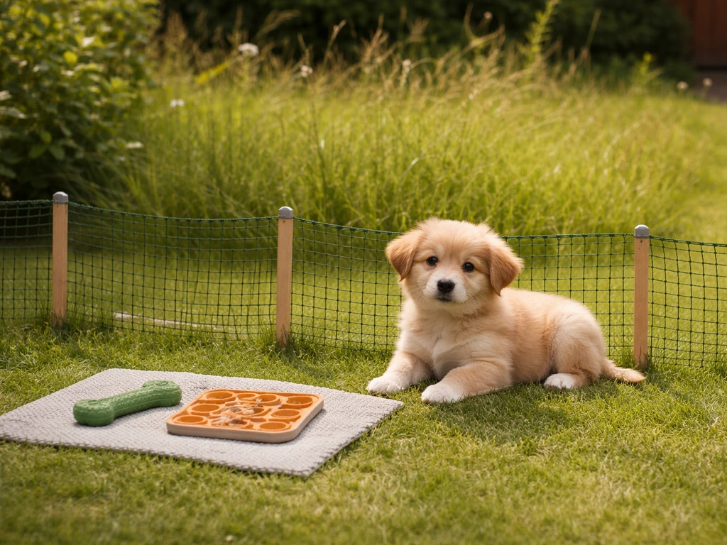 Pupje dat met een klein hekje van lang gras wegblijft, naast een likmat op een kleedje.