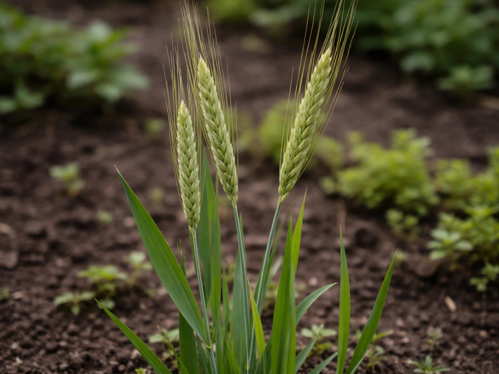 Close-up van roggen gras in een tuinbed, met scherpe halmen en aar/bladkenmerken