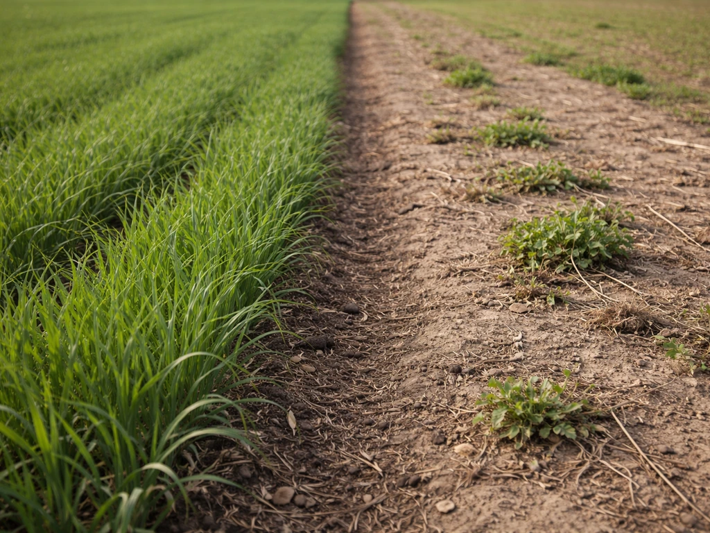 Links winterrogge die de bodem bedekt, rechts dezelfde strook met kale, onkruidige grond.