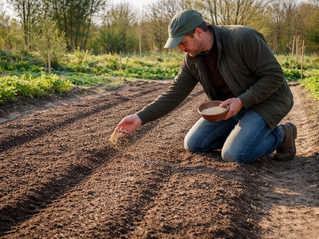 Tuinier zaait winterrogge uit over een voorbereide strook grond in een rustige moestuin bij daglicht