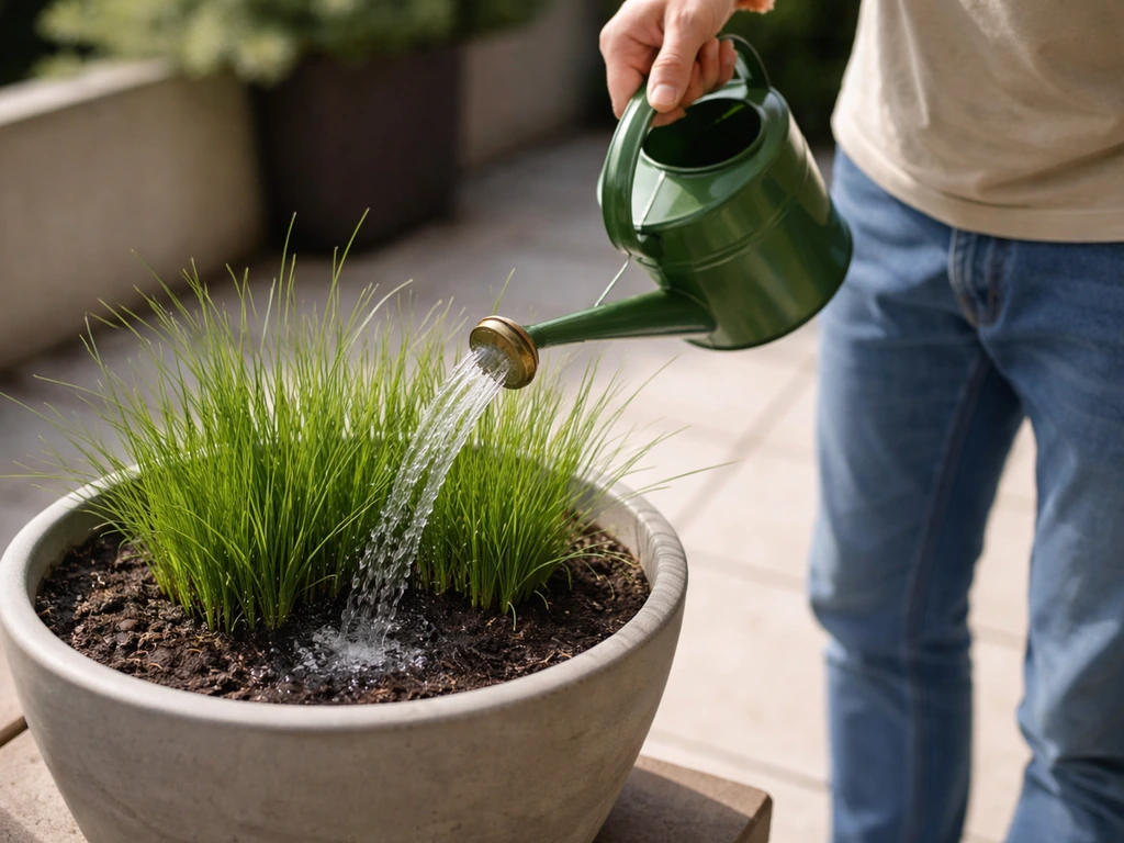Iemand geeft water aan een gras-pot op een balkon, met focus op de vochtige potgrond en waterstroom.