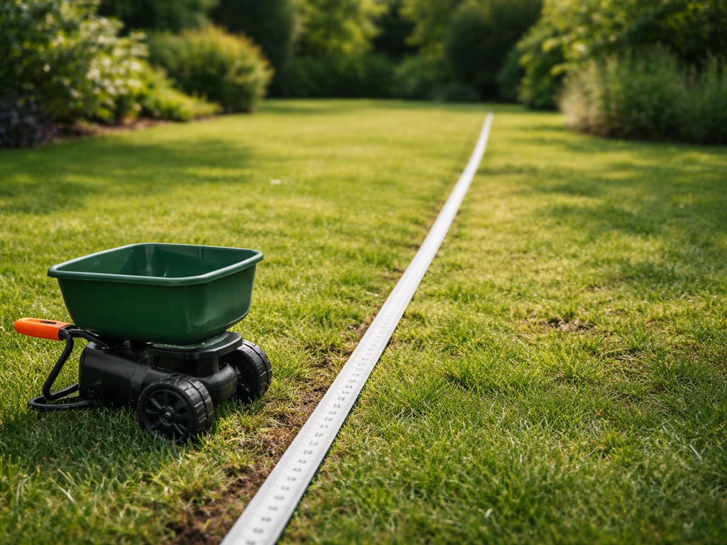 Nederlandse tuin met gazon, maatlint en strooier die “2 gram per m²” nauwkeurig suggereren.