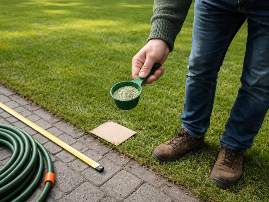 Hand met maatlepel boven het gazon, meetlint op de grond voor dosering per m².