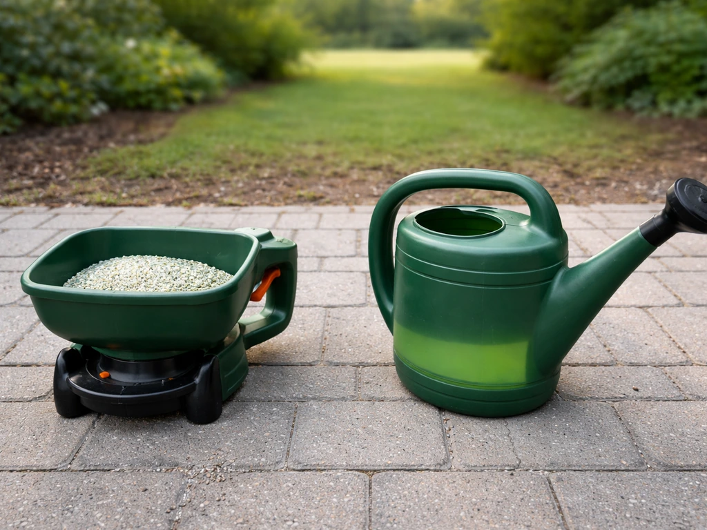 Twee tuinsets naast elkaar: links droog strooien met strooier, rechts gieter/sproeitank met waterige vloeistof.