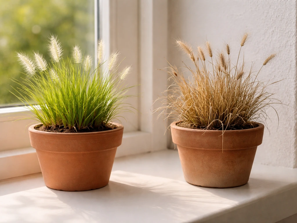Twee kleine potten met siergras: vers groen na voorjaarsknip en bruin afgestorven plukken bij najaarsbeelden.