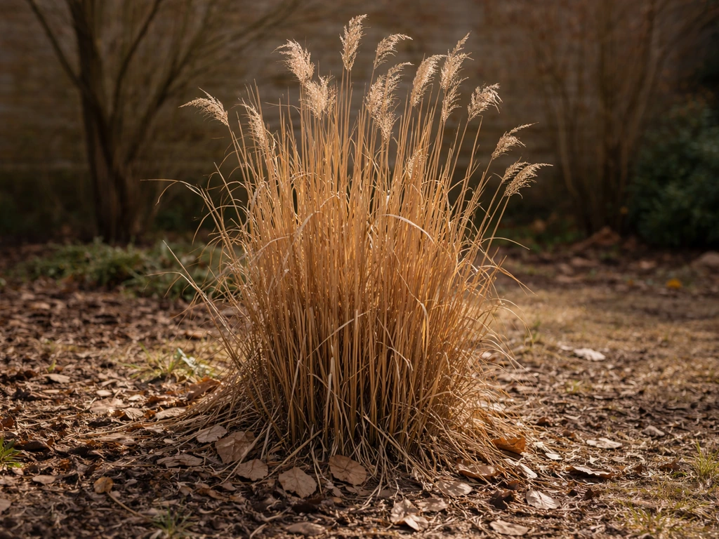 Winterharde Miscanthus sinensis met halfdroge halmen in een stille Nederlandse border, tegen een lichte winterlucht.