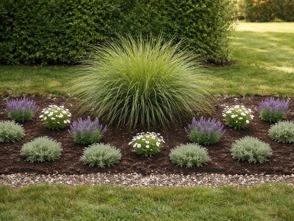 Minimalistische border met een siergraspol en combinatieplanten op regelmatige plantafstand in donkere tuingrond.