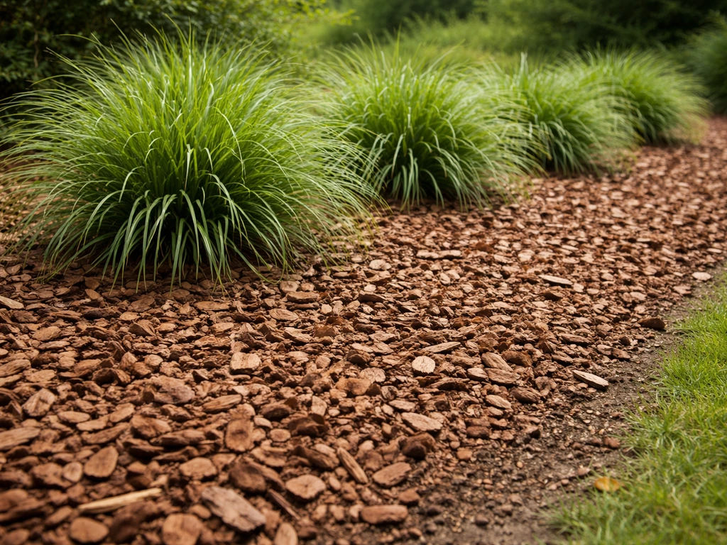 Tuinborder met dikke mulchlaag van boomschors rondom siergraspollen, voor minder onkruid