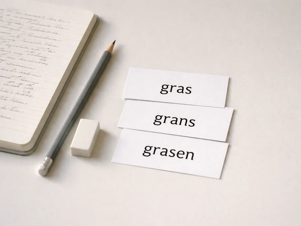 Minimalistische bureaufoto met notities en papieren rij met juiste en fout geschreven varianten van “gras”.