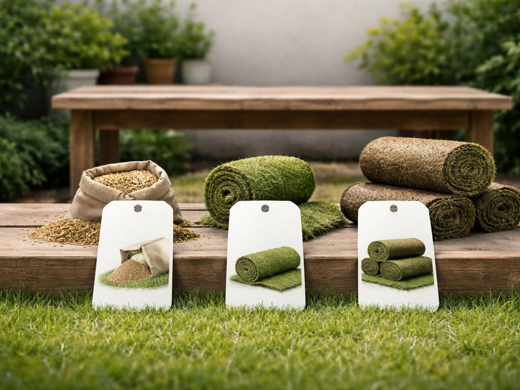 Rustige tuinbank met graszaad en grasrolletjes als voorbeeld van samenstellingen rond ‘gras’.