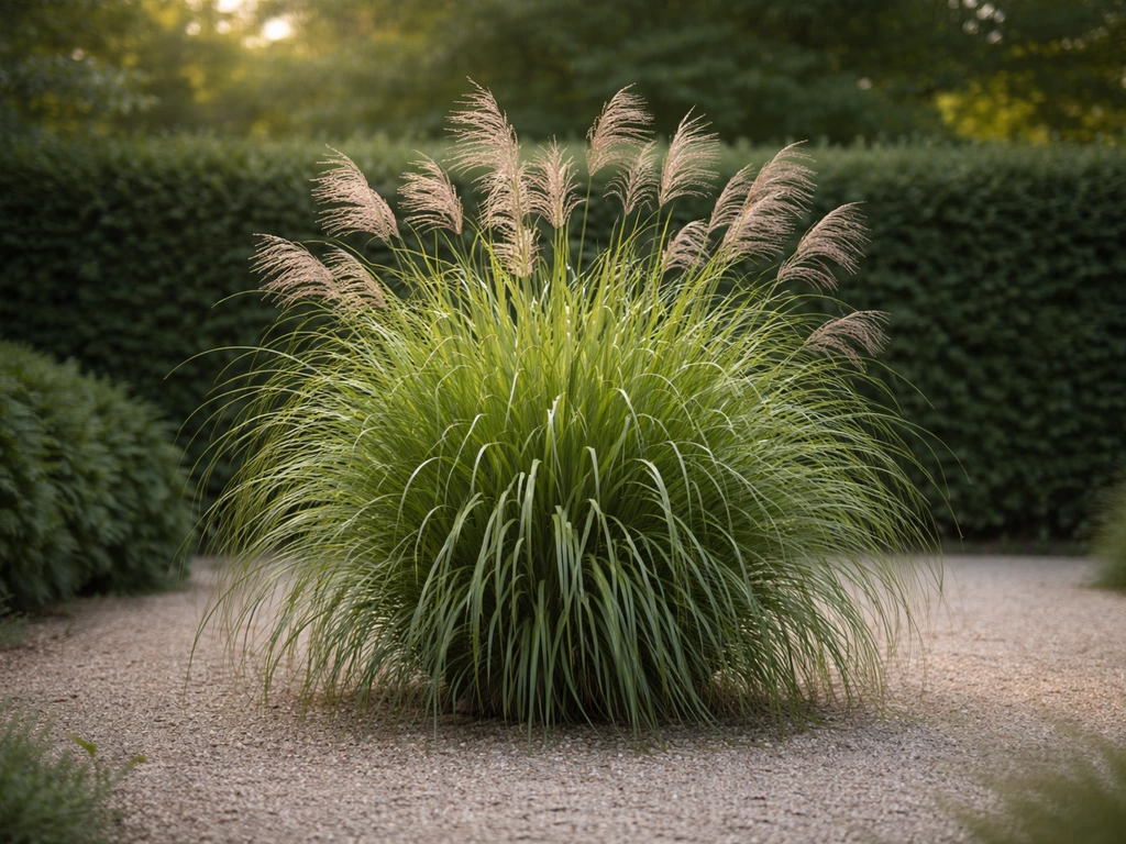 Luxe tuinbeeld met een gezonde opgaande pol Miscanthus (Mitzi gras) in natuurlijke belichting