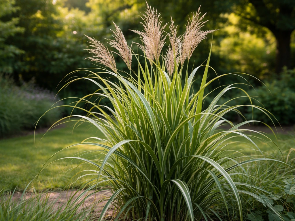 Close-up van prachtriet (Miscanthus) met smalle bladeren en pluimige aren in een tuin
