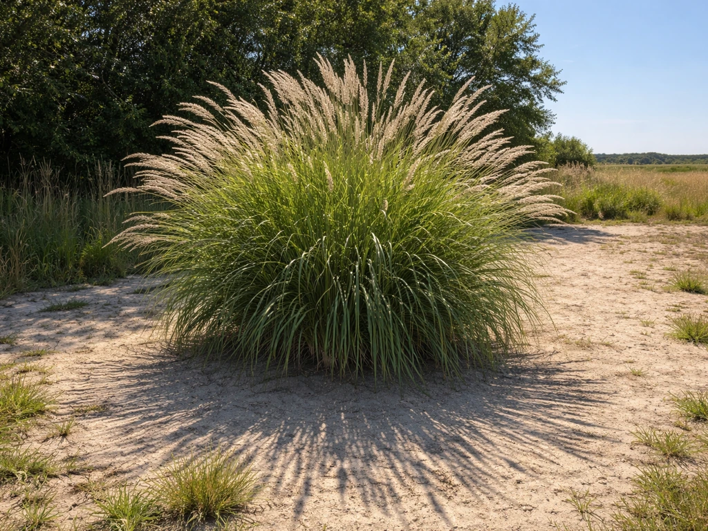 Miscanthus in een volzonnige tuin met schaduwen van windrichting op de grond