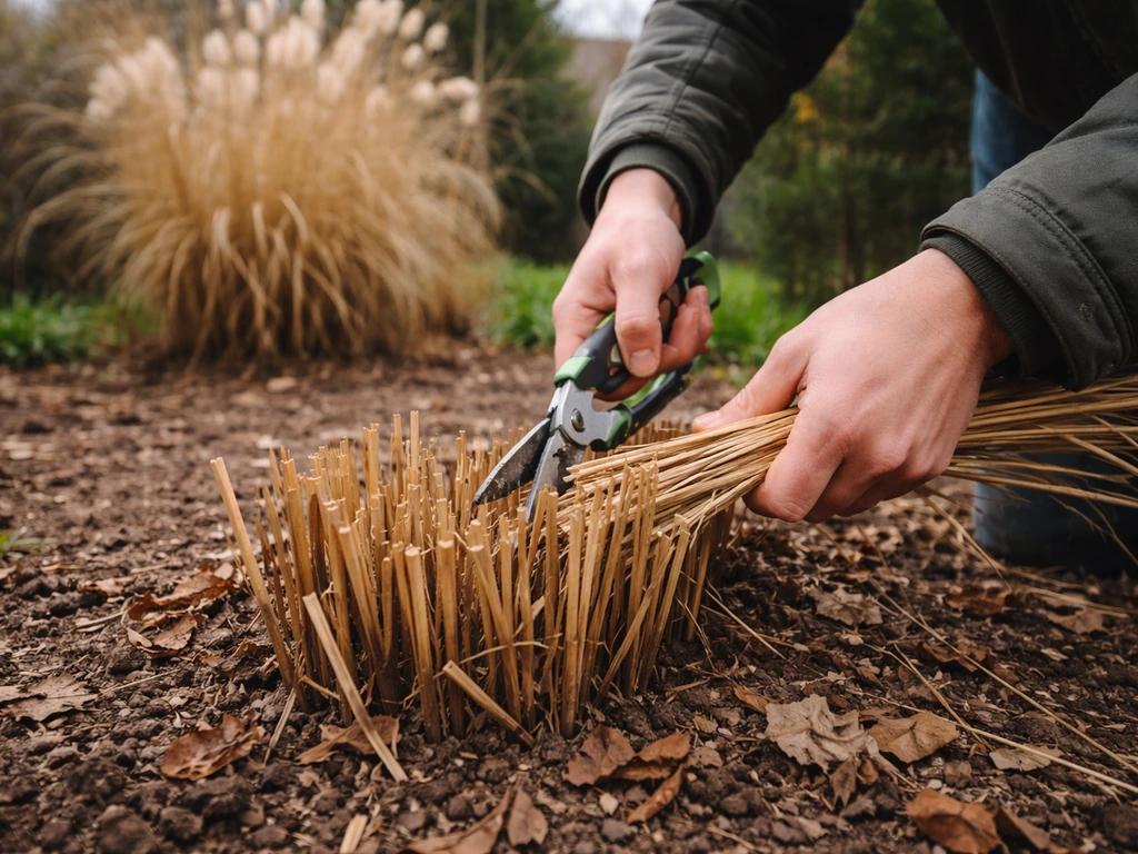 Hand met snoeischaar die een Miscanthus-pol in maart terugknipt tot 10–20 cm boven de grond