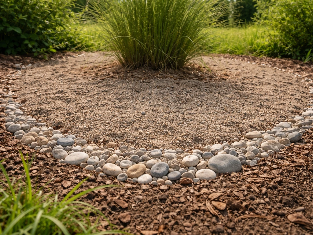 Tuinbodem met grind en een licht verhoogd plantbed, zonder plassen—goede drainage voor pampasgras.