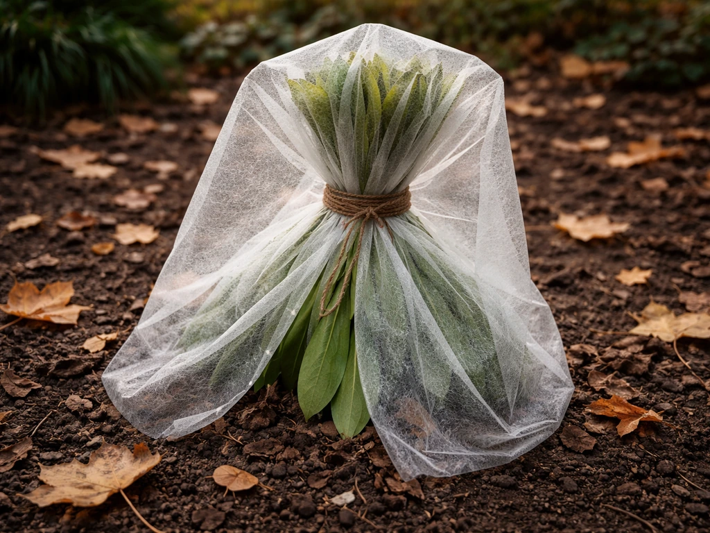 Herfstplant in de tuin met bladeren losjes samenbonden met touw en een beschermhoes eromheen.
