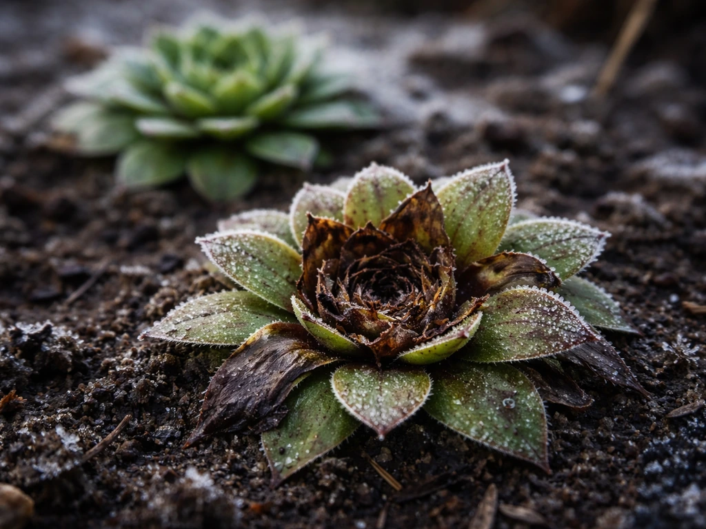 Close-up van een bruine/rottende hartrozet naast een gezonde groene rozet in een wintertuin.