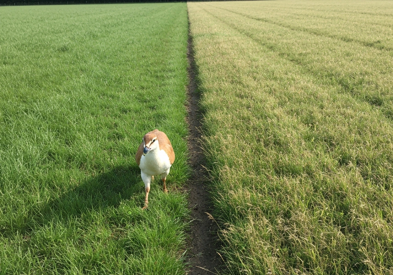 Gazon met duidelijk zichtbare wild-gras plekken en eromheen gezond, dicht gras als contrast.