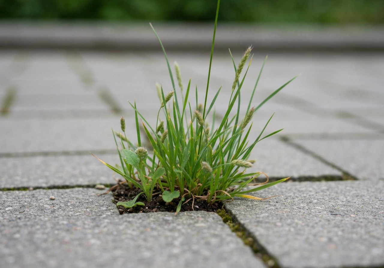 Close-up van kale grond in het gazon waar wild gras kiemt tussen vochtige aarde.