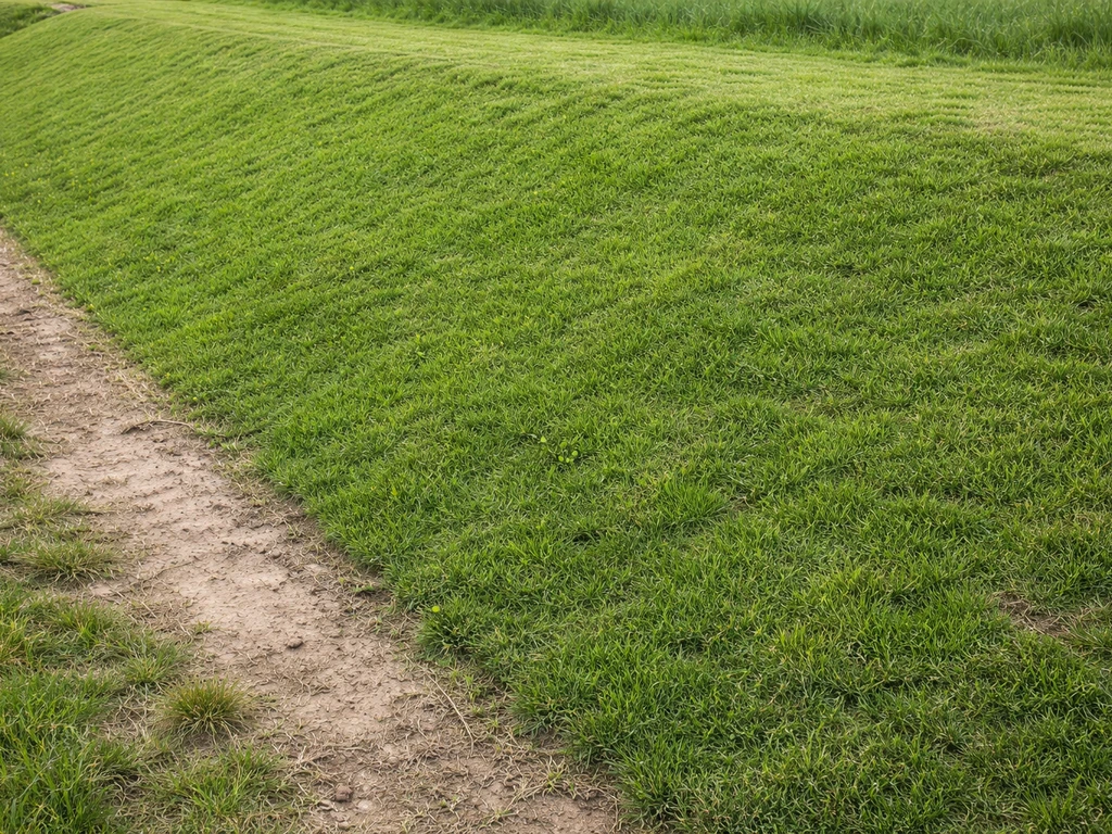 Breed groen talud met aaneengesloten taludgras op een duidelijke helling, fotorealistisch.