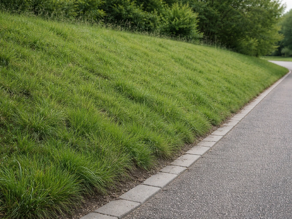 Hellend talud met taludgras langs een oprit, met duidelijk zicht op de schuine oever/helling