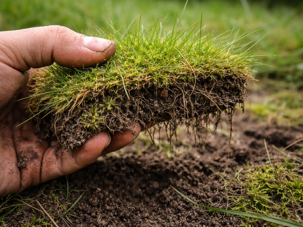 Close-up van een losgestoken plag taludgras met zichtbaar wortelprofiel, mos en onkruid in de grond.