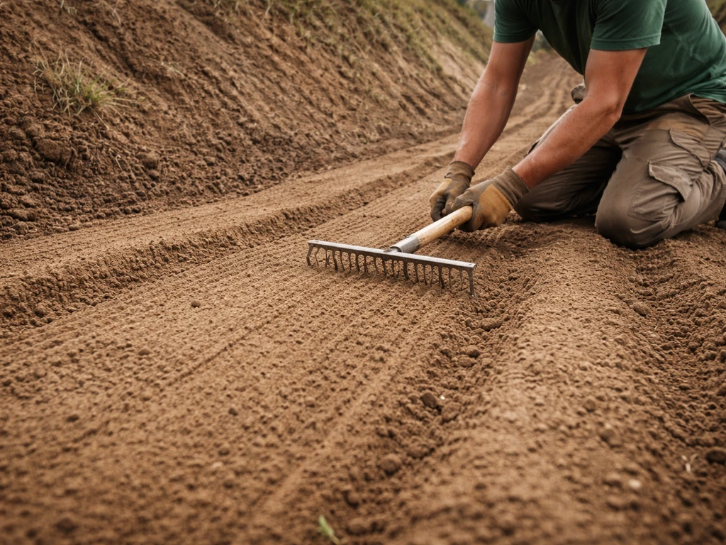 Anonieme tuinwerker bereidt aarde voor op een steile helling, met voorbereide stroken en zicht op het talud.