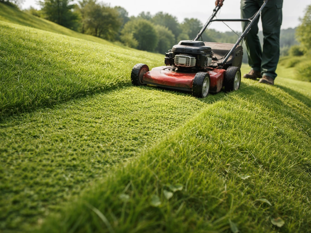 Gras op een talud dat op juiste maaihoogte wordt gemaaid met een maaibeweging over de helling.