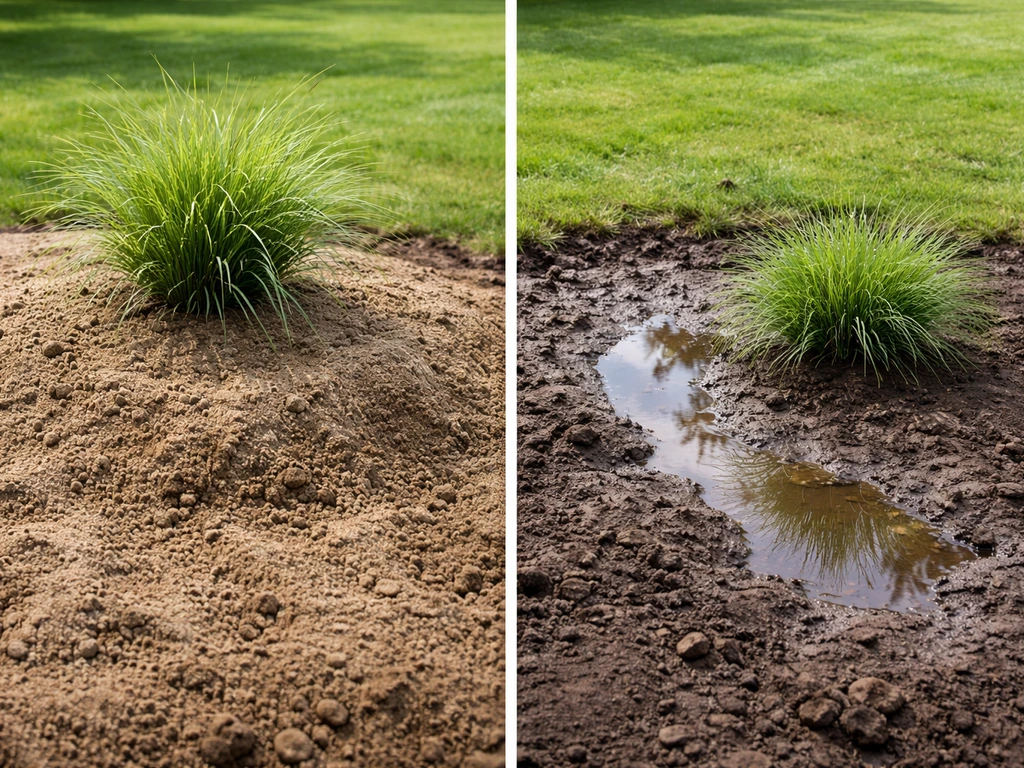 Links verhoogde, droge plantplek met pol siergras; rechts lage, natte plek met stilstaand water.
