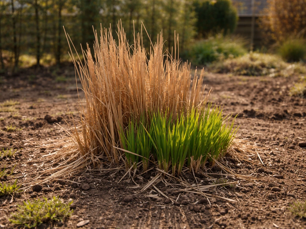 Voorjaar in de tuin: siergrassen met dode halmen, gedeeltelijk teruggesnoeid met frisse groene pollen
