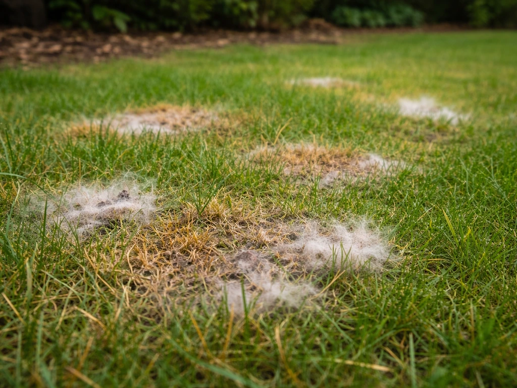 Siergras met meerdere zichtbare schimmelplekken: bruin/geel verkleurd gras met donzige schimmelachtige plekken