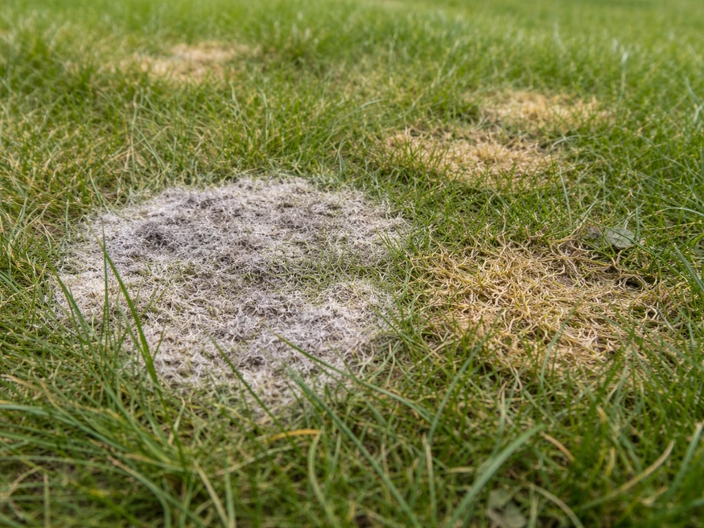Close-up van gazon met verschillende schimmelplekken, waaronder waterige grijze plek met witte rand.