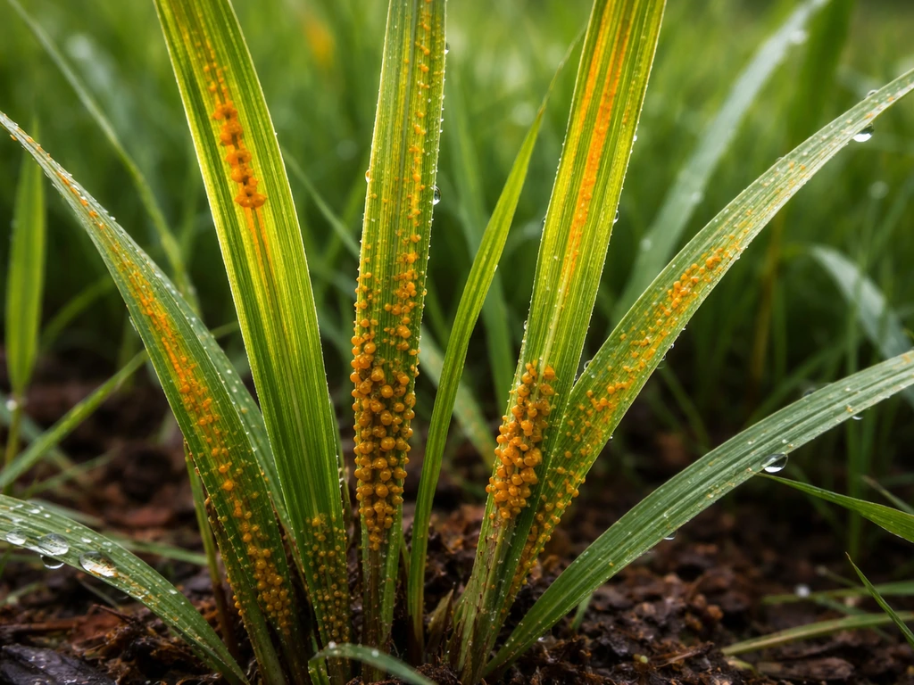 Close-up van oranje en gele strepen op grassprietjes met mogelijk geelbruine pukkeltjes onderaan.