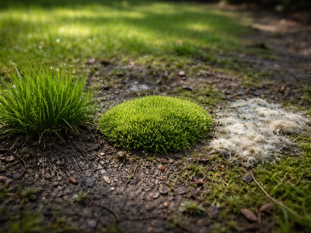 Nabijfoto van gras met mos en daarnaast zichtbare schimmelachtige plekken, in natte schaduwrijke tuinbodem.