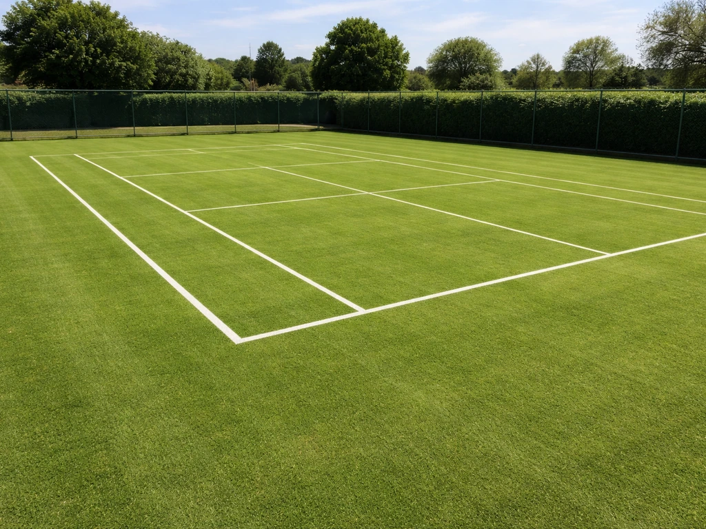 Bovenaanzicht van een tenniswaardig grasveld met egale grasmat en strakke belijning.