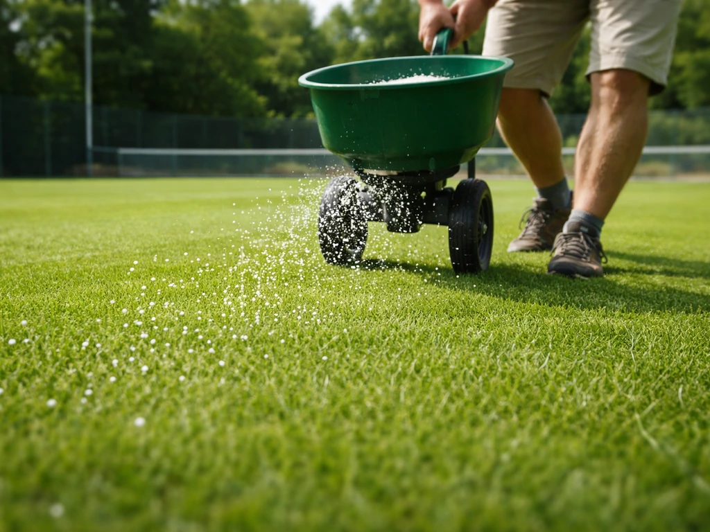 Bemesting van sportveldgras: kunstmestkorrels die net op dicht gemaaid gras vallen