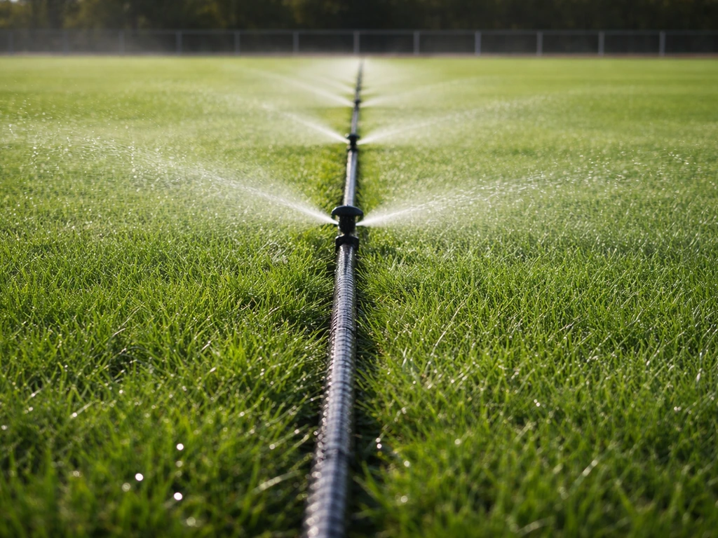 Gelijkmatige beregening van sportveldgras met een druppel/beregeningsinstallatie op een groen gazon