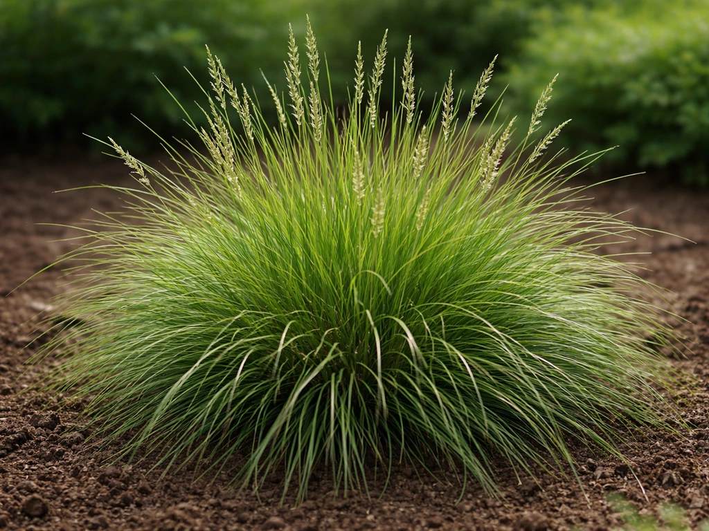 Compacte pollen siergras in de tuin met zichtbare bladstructuur en aarachtige spruiten, bij helder daglicht.