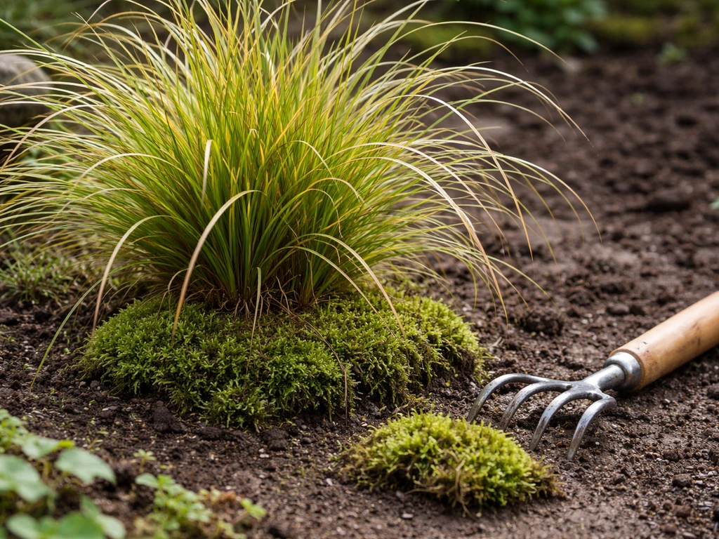 Close-up van een siergraspol met mos aan de voet en een handhark met mos op de grond in de tuin.