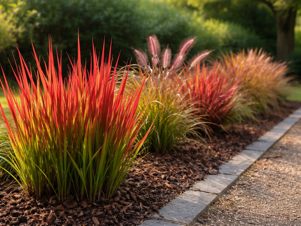 Siergrassen in Nederlandse tuin: Imperata cylindrica ‘Red Baron’ met andere rood-paars-oranje grassoorten