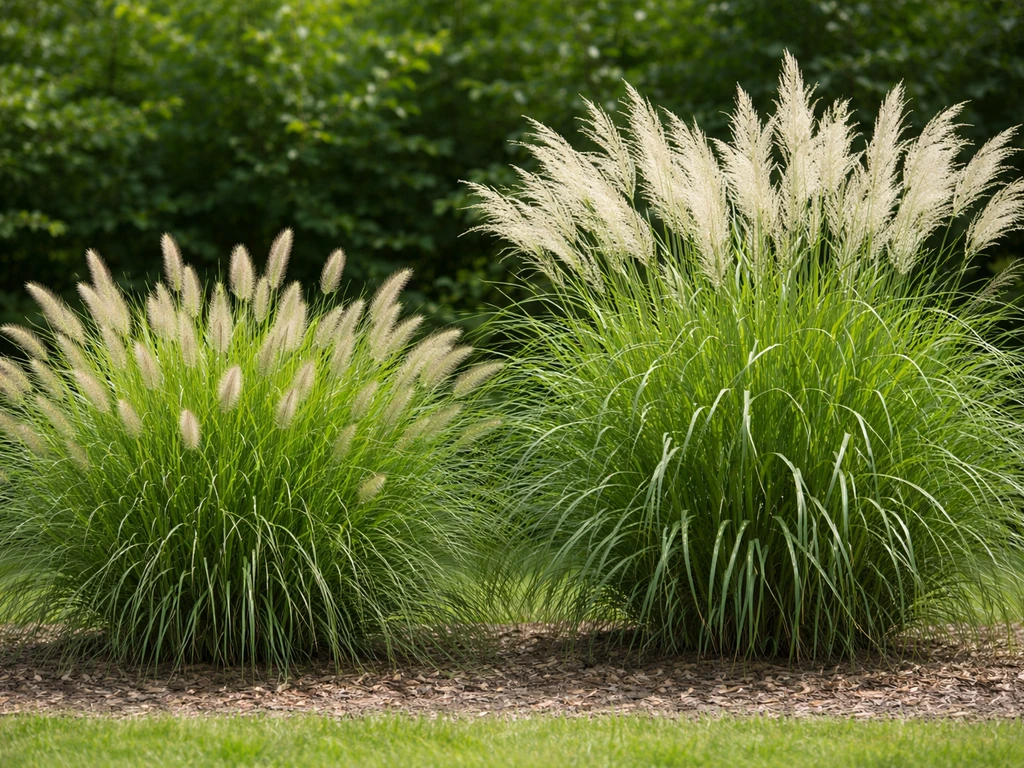Twee siergrassen (Pennisetum-achtig en Miscanthus-achtig) naast elkaar in de tuin, met zichtbare pluimen en bladvorm.