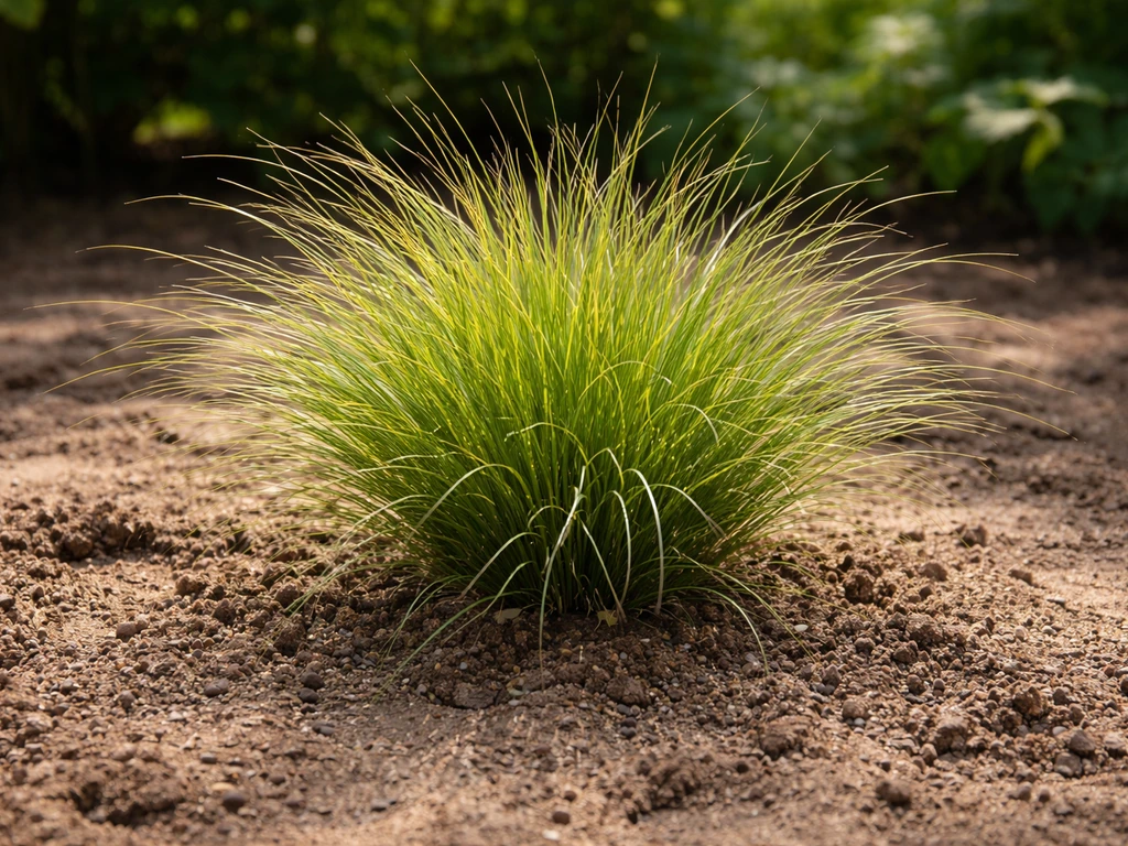 Siergras in de tuin op zonnige plek met zichtbare droge, zand/klei-achtige bodemtextuur rond de plant.