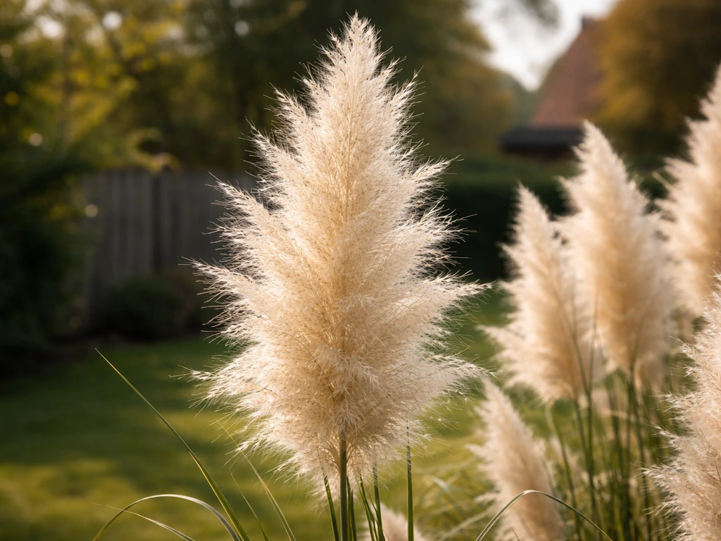 Close-up van pampasgras in een Nederlandse tuin met zichtbare pluimen en pollenbron.